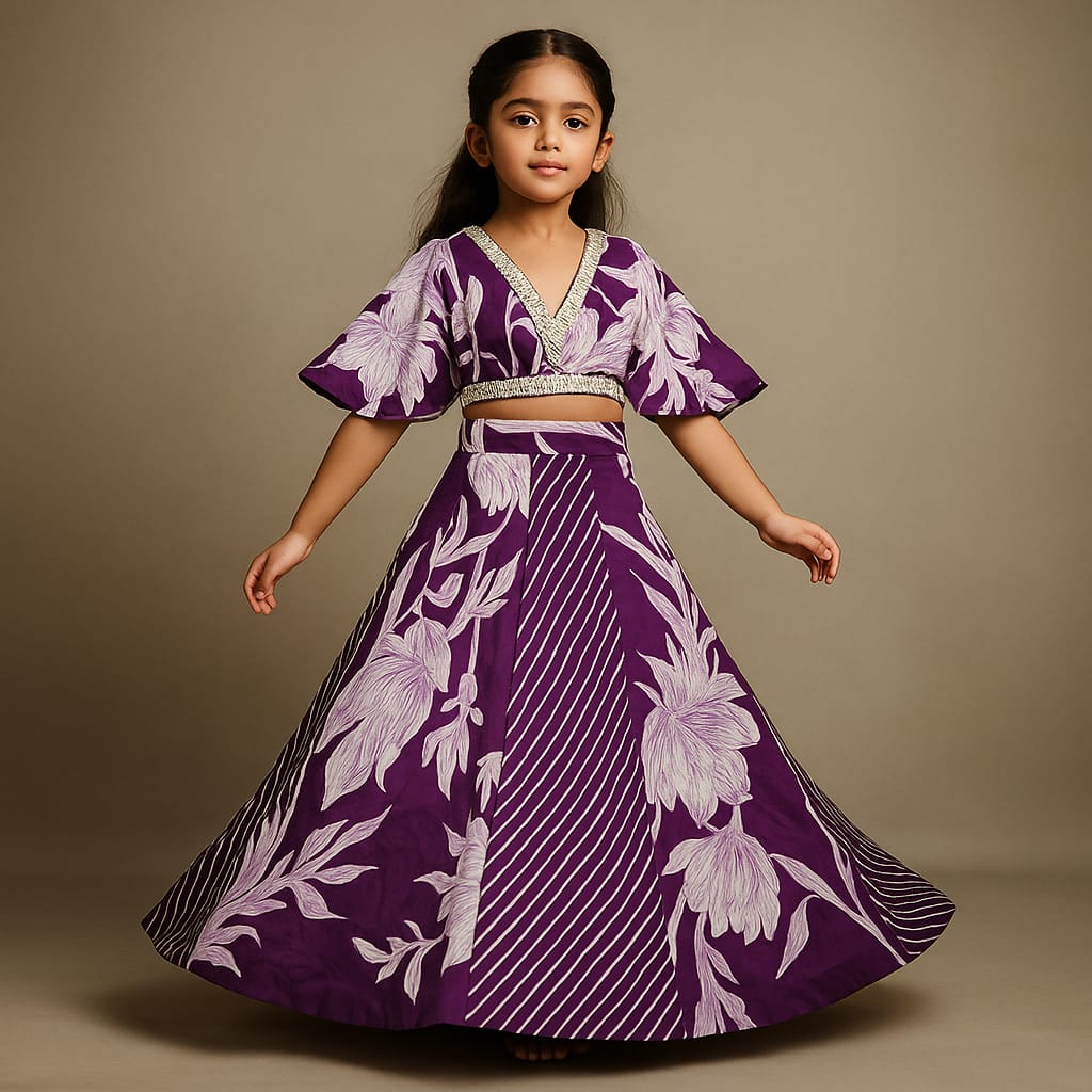 Pre Order: Purple Stylish Printed Embellished Top And Flared Lehenga