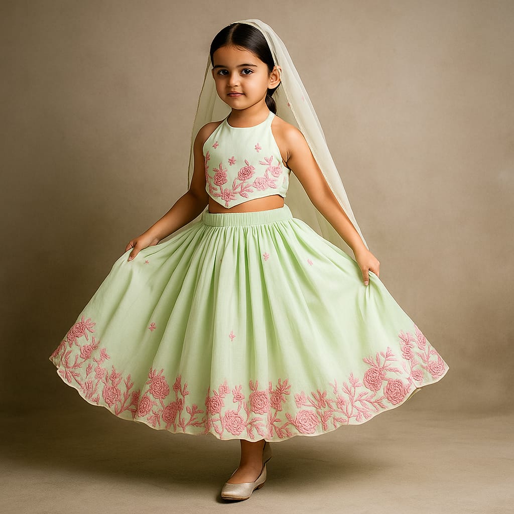 Pre Order: Thread Embroidered Green Top And Flared Lehenga