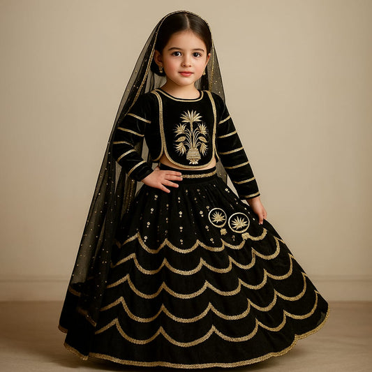 Pre Order: Black Embroidered And Embellished Top With Lehenga And Dupatta