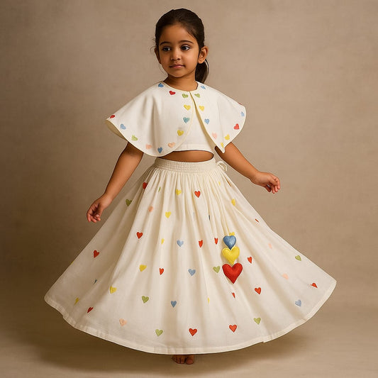 Pre Order: Off White Heart Embroidered Cape Attached Top And Flared Lehenga