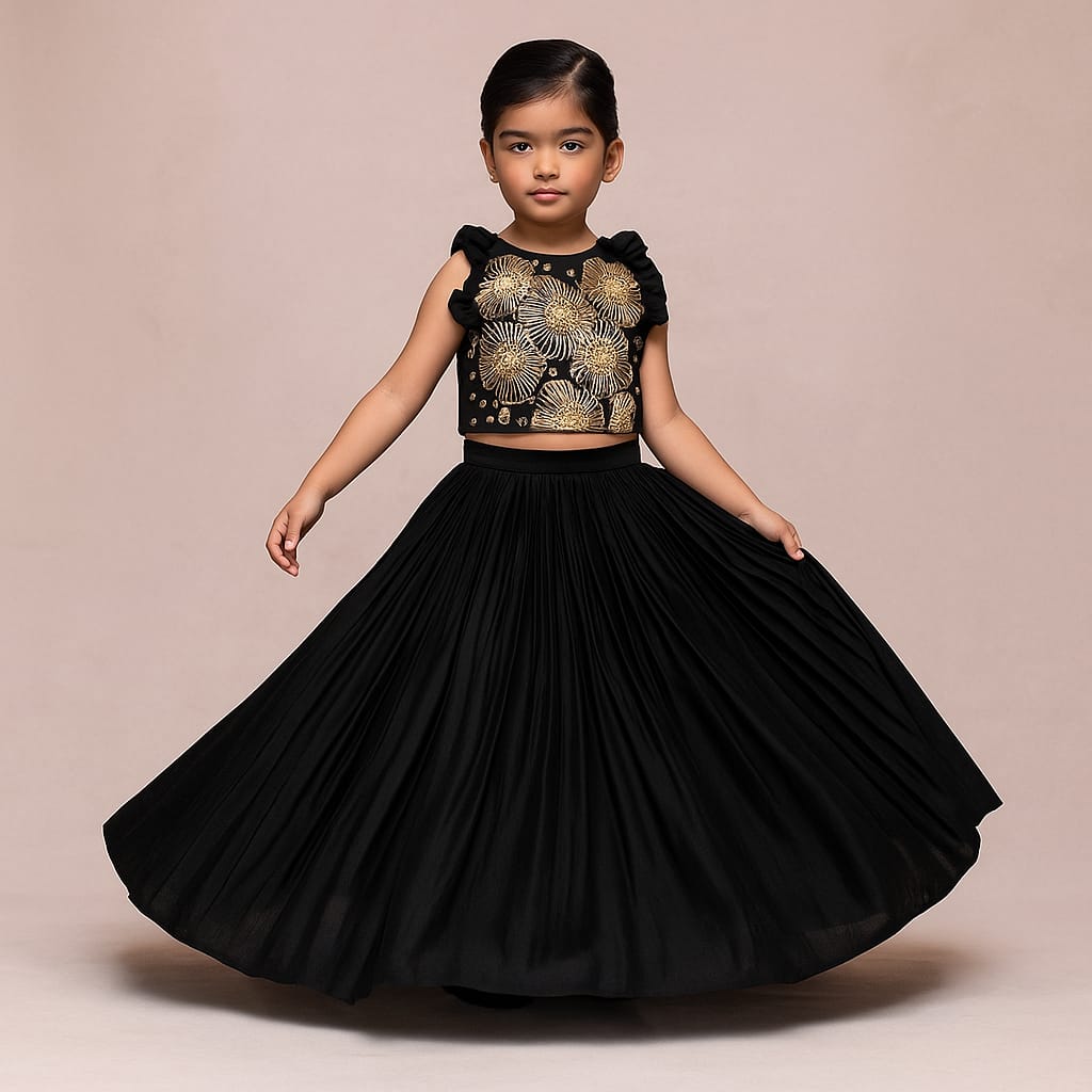 Pre Order: Black Embroidered Sleeveless Frill Top And Pleated Lehenga