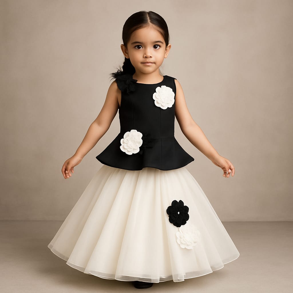Pre Order: Black Artificial Flowers Embellished Top And Lehenga