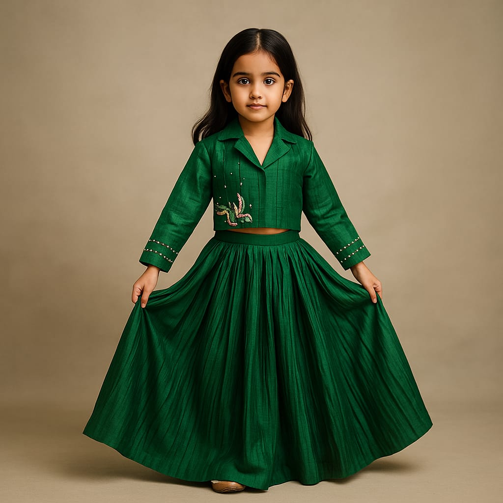 Pre Order: Green Embroidered Stylish Collar Neck Top And Lehenga
