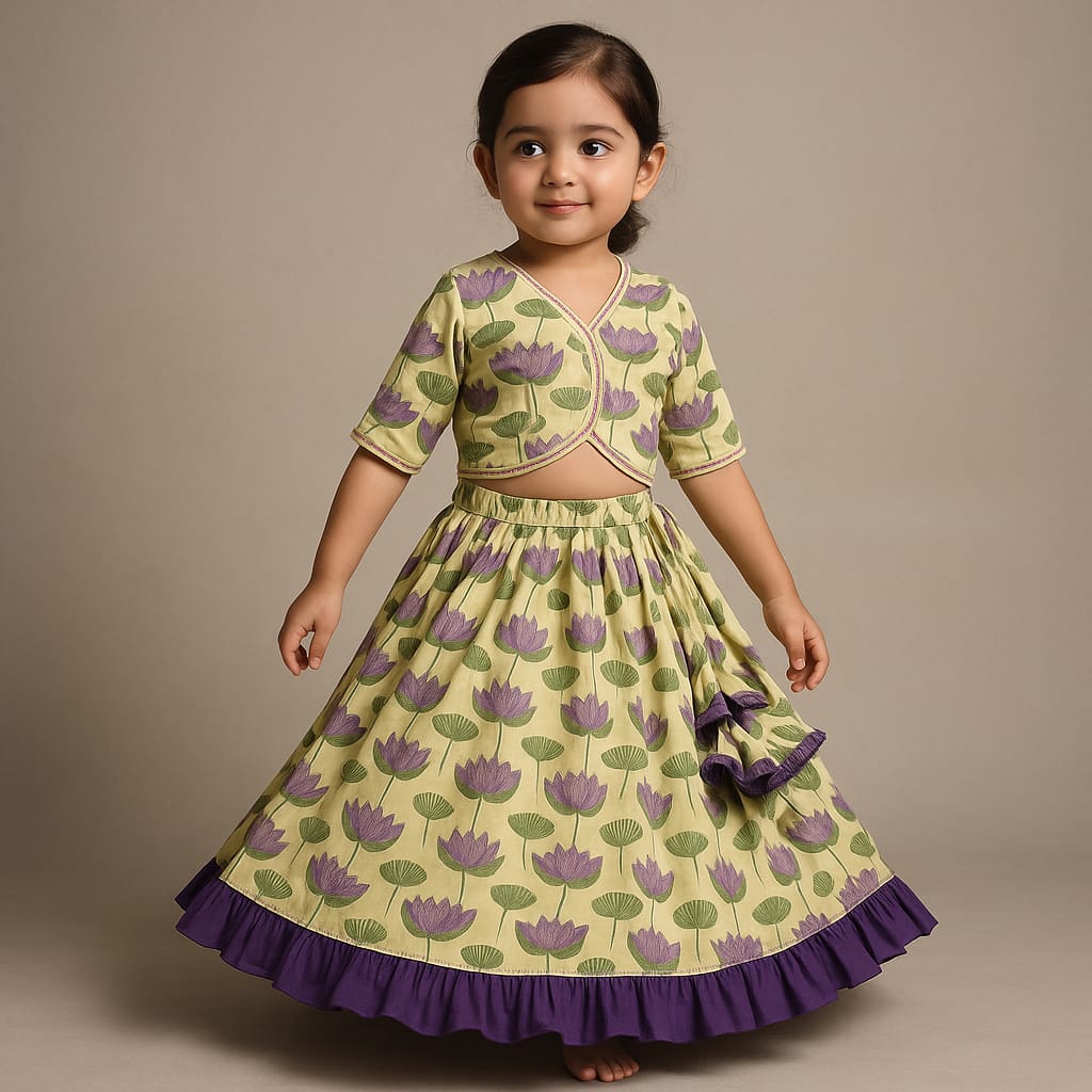 Pre Order: Multicolour Floral Printed Crop Top With Lehenga And Net Dupatta