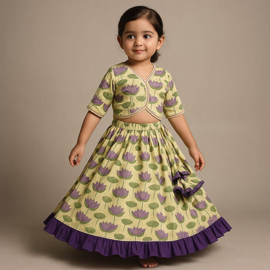 Pre Order: Multicolour Floral Printed Crop Top With Lehenga And Net Dupatta