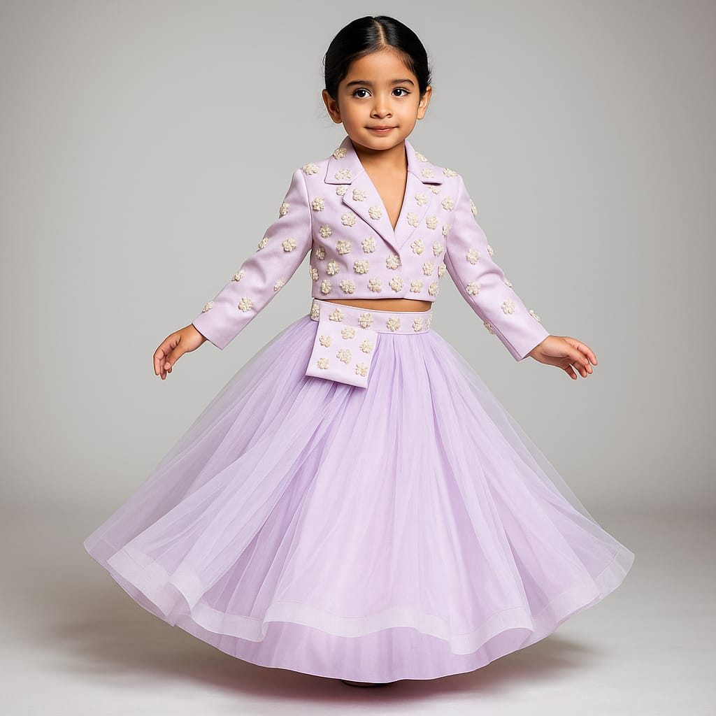 Pre Order: Lilac Strappy Top With Embellished Jacket And Lehenga