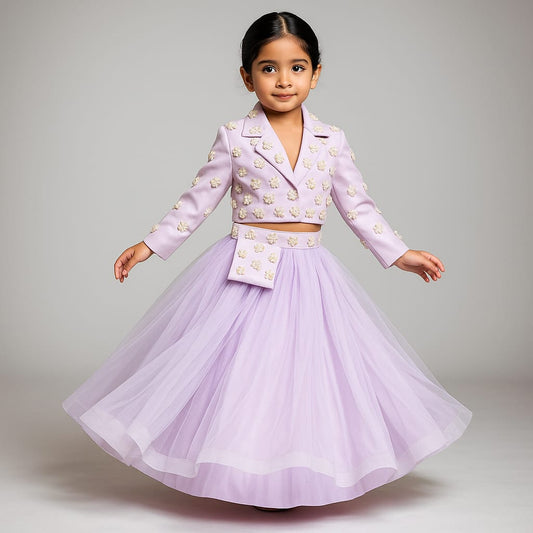 Pre Order: Lilac Strappy Top With Embellished Jacket And Lehenga
