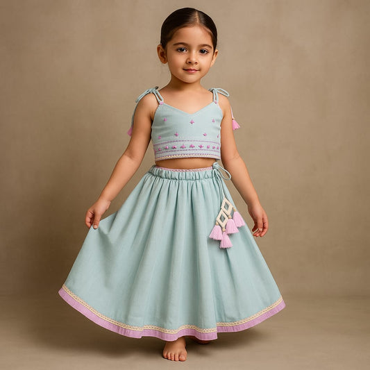 Pre Order: Blue Hand Embroidered Strappy Top And Lehenga