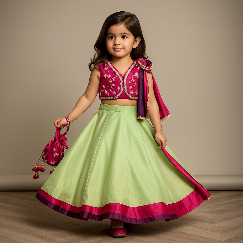 Pre Order: Pink Embroidered Top And Green Lehenga With Dupatta