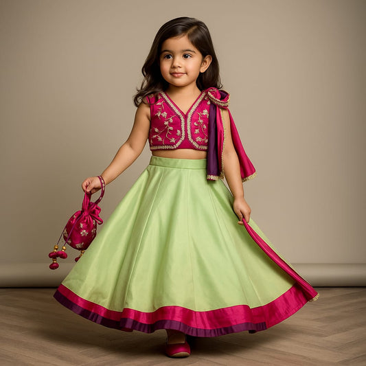 Pre Order: Pink Embroidered Top And Green Lehenga With Dupatta