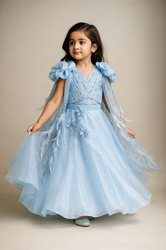 Pre Order: Blue Embroidered Embellished Top With Shoulder Drapes And Lehenga