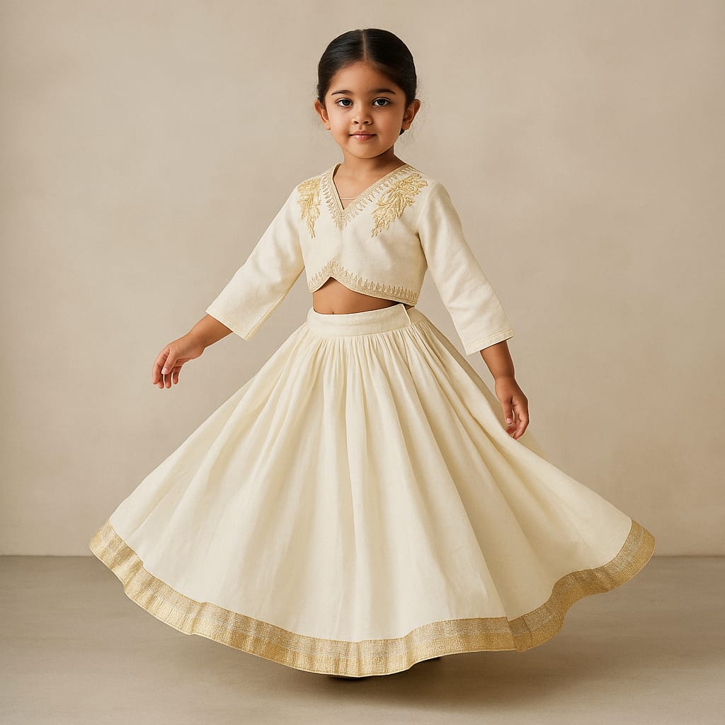 Pre Order: Cream Embroidered Top And Lehenga With Dupatta