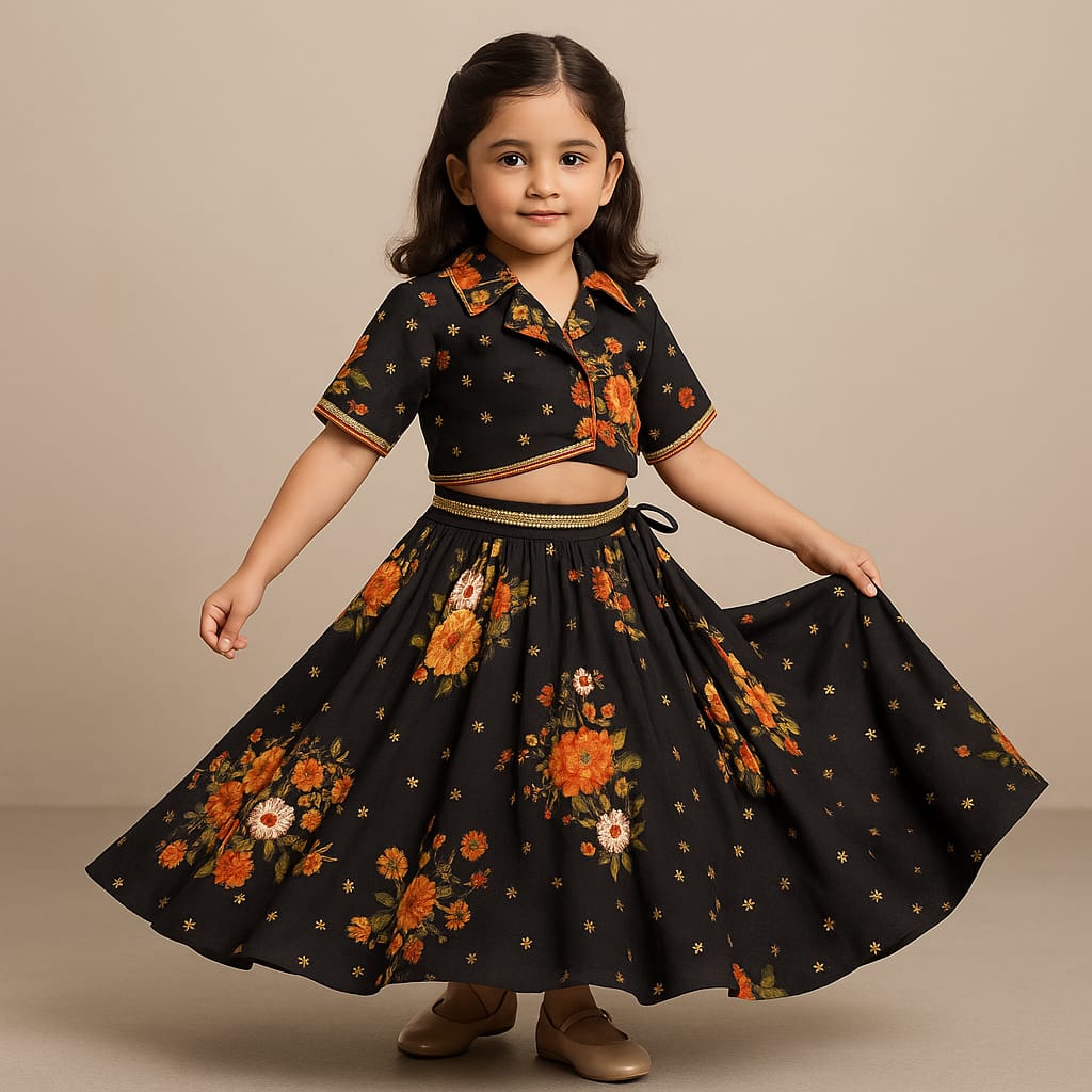 Pre Order: Floral Printed Embroidered Collar Top And Lehenga