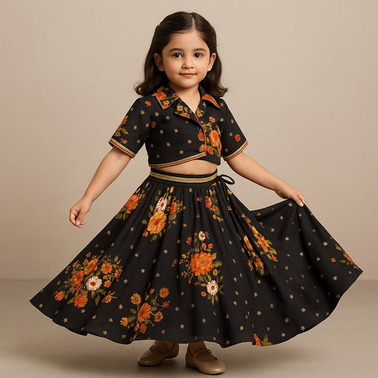 Pre Order: Floral Printed Embroidered Collar Top And Lehenga