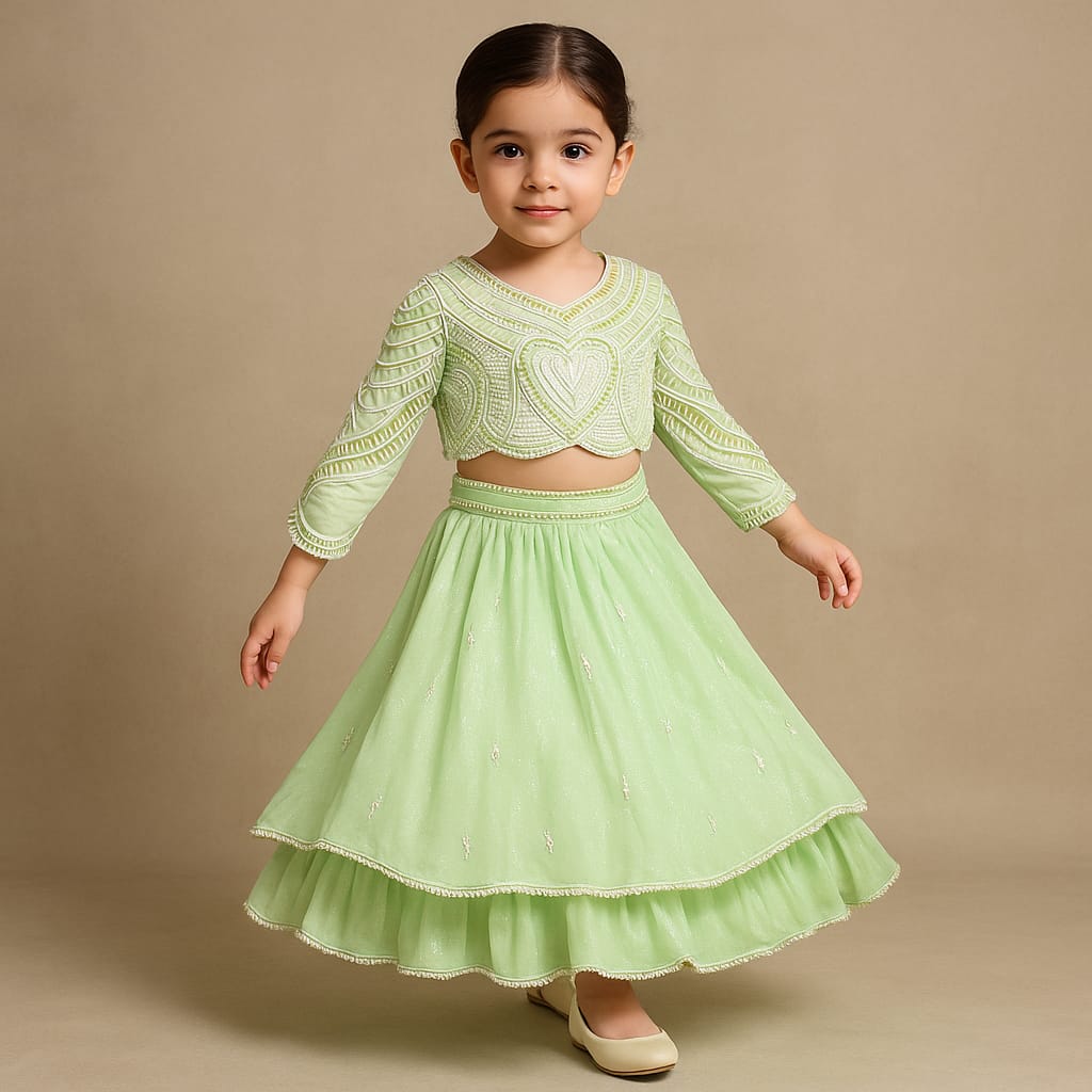 Pre Order: Dual Tone Embellished Embroidered Top And Green Lehenga