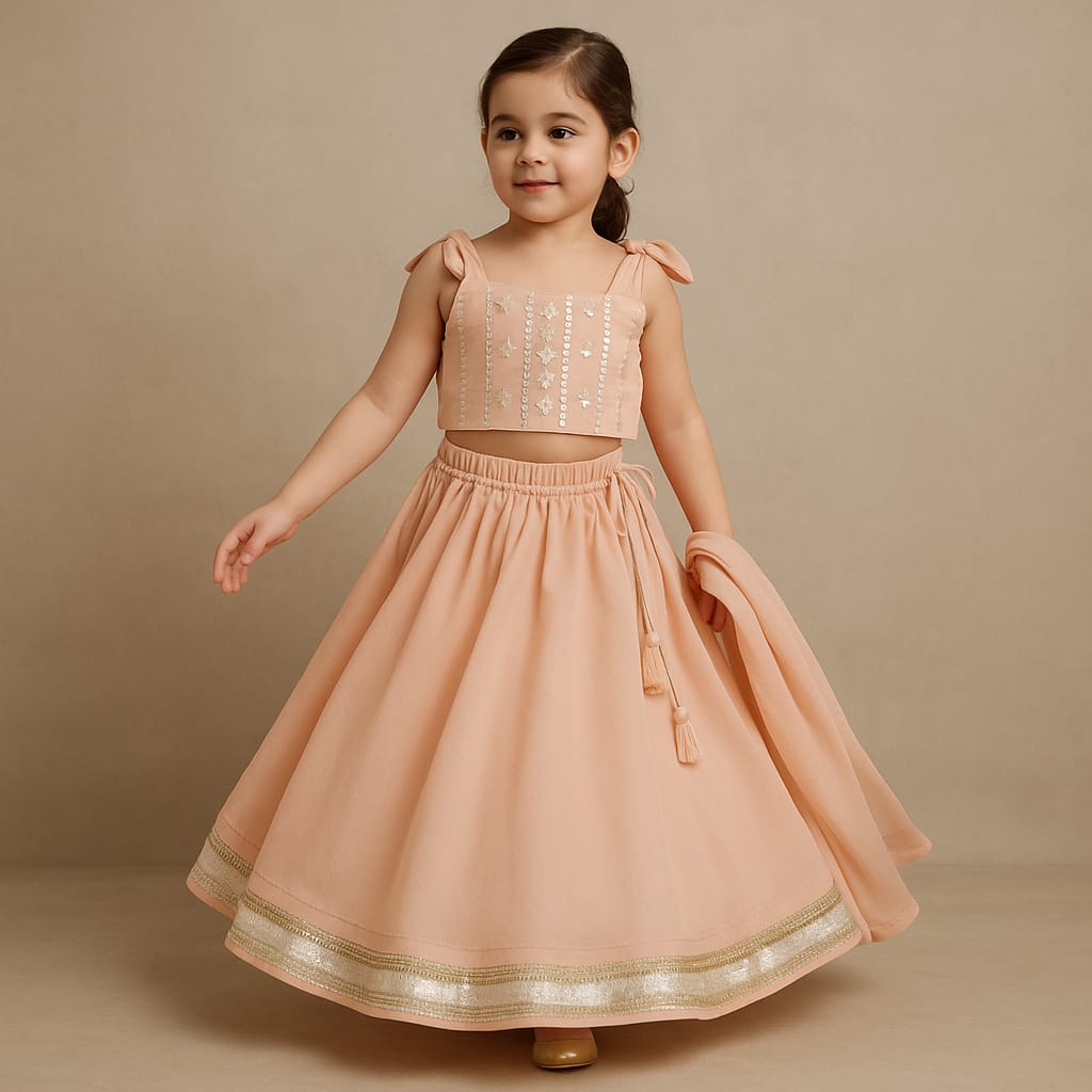 Pre Order: Peach Faux Mirror Embroidered Top And Lehenga With Dupatta