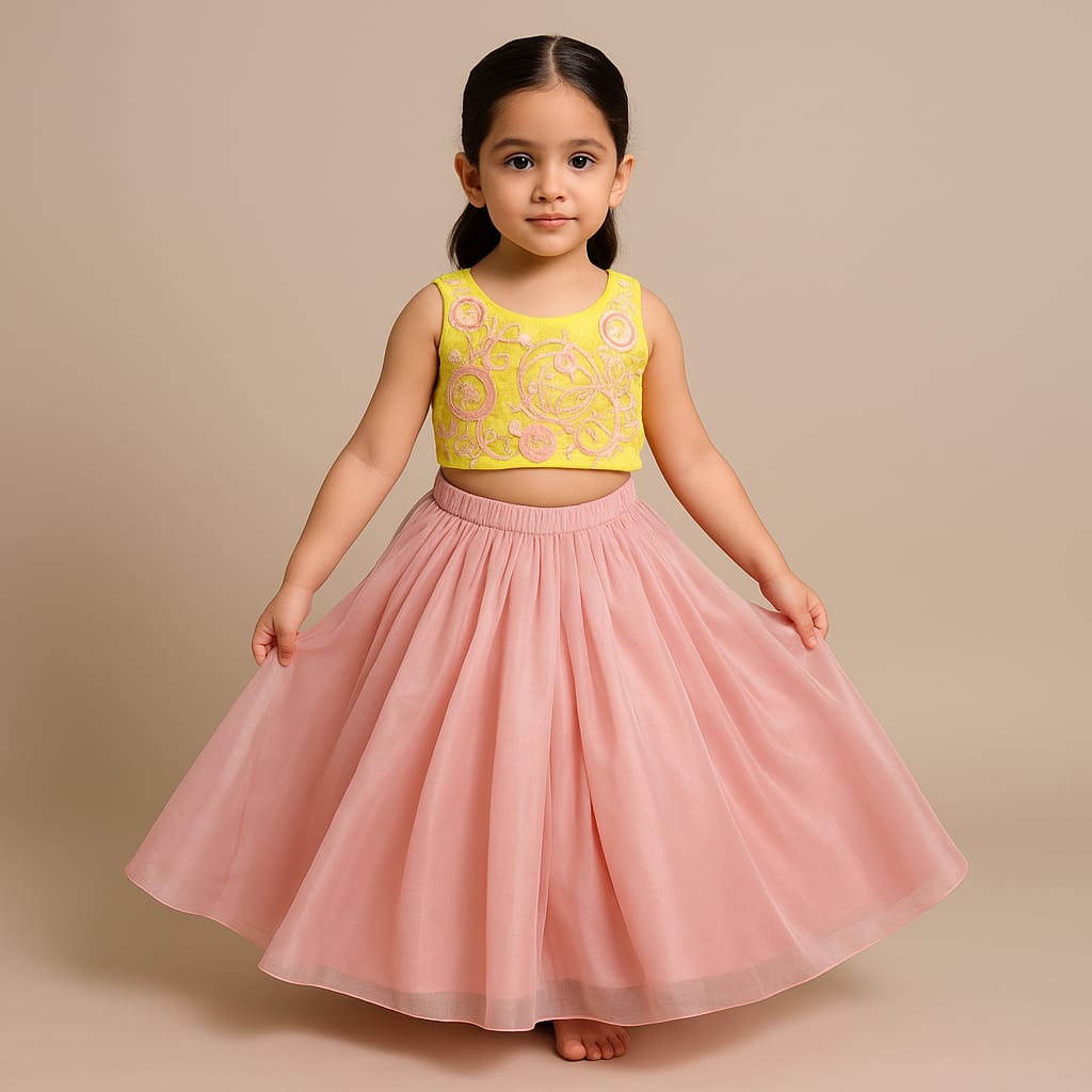 Pre Order: Yellow Embroidered Top And Pink Flared Lehenga