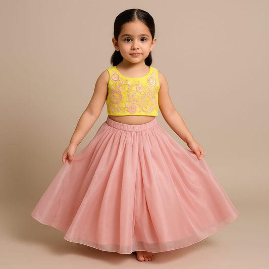 Pre Order: Yellow Embroidered Top And Pink Flared Lehenga