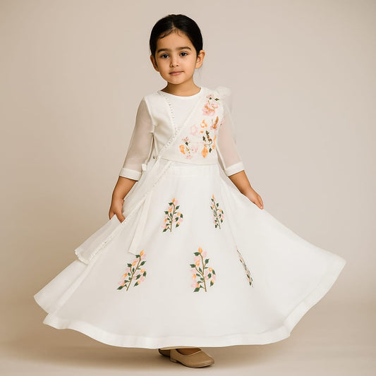 Pre Order: Off White Embroidered Top With Attached Dupatta And Half Jacket With Lehenga