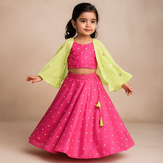 Pre Order: Pink Printed Embroidered Top With Green Contrast Flared Sleeves And Lehenga