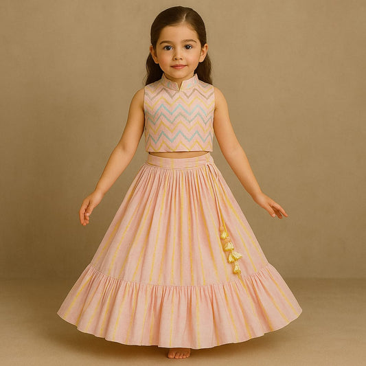 Pre Order: Pink Printed And Embroidered Top And Frill Lehenga