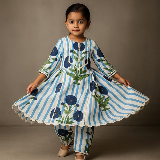 Pre Order: Blue Printed Gota Lace Detailed Kurti And Pant