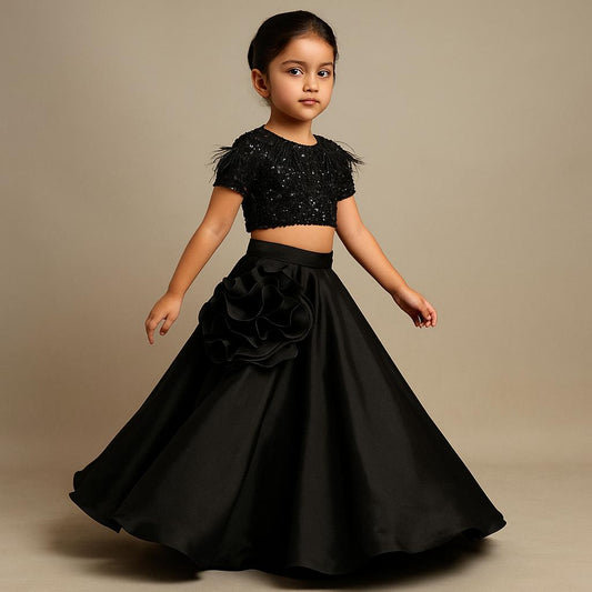 Pre Order: Black Embroidered Embellished Top And Lehenga