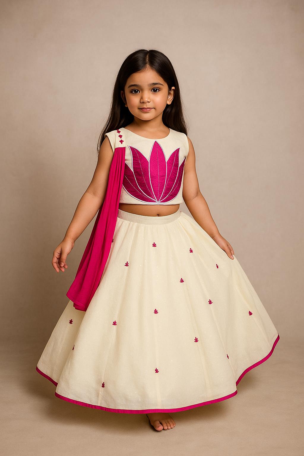 Pre Order: Pink Lotus Applique Embroidered Off White Top And Lehenga With Dupatta