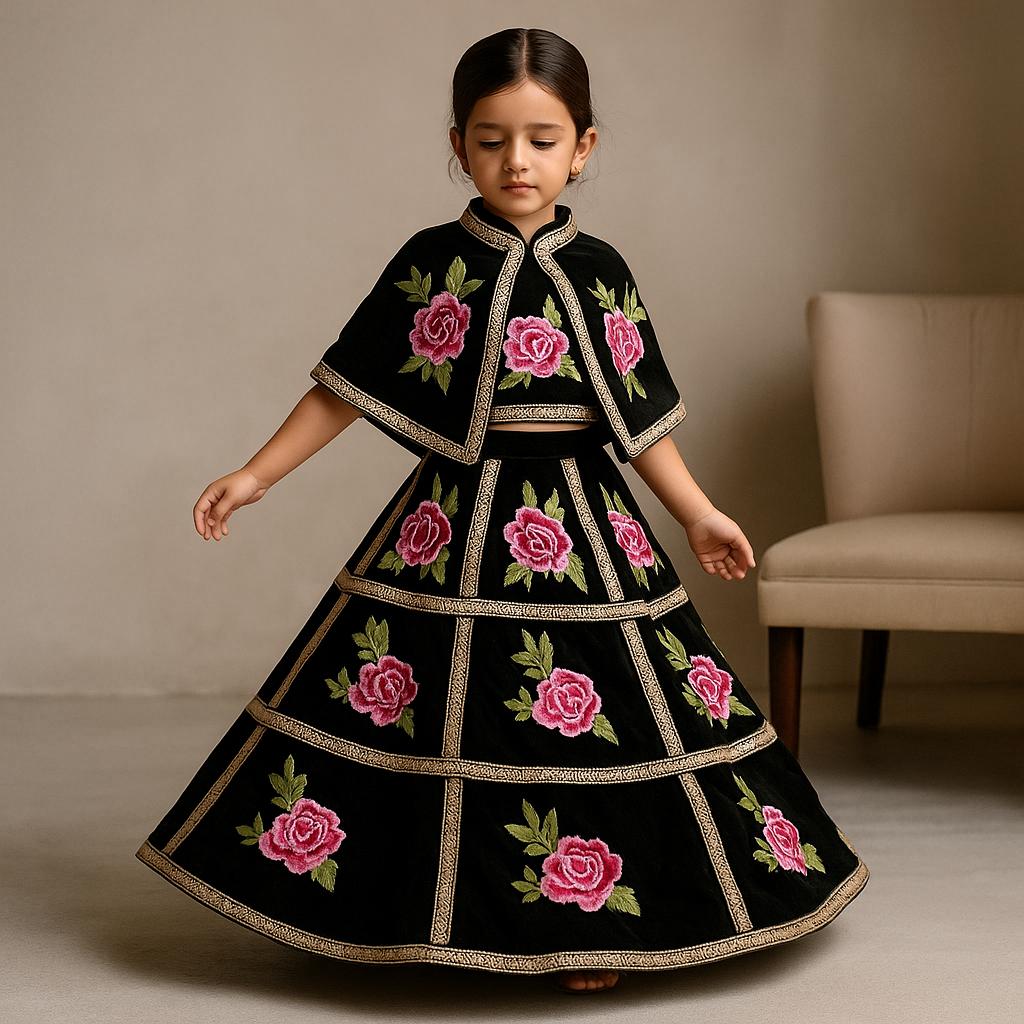 Pre Order: Black Velvet Embroidered Lace Detailed Strap Top With Cape And Lehenga