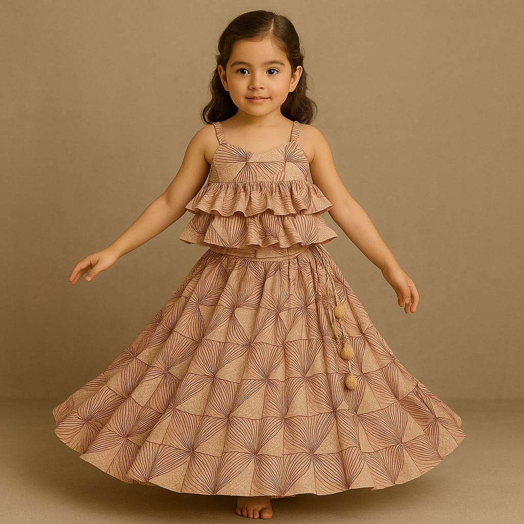 Pre Order: Peach Embroidered Strappy Ruffle Layered Top and Lehenga