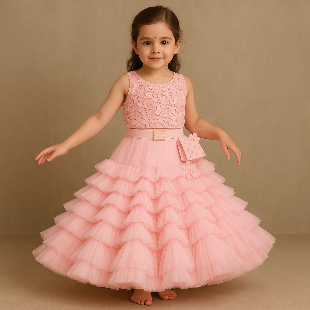 Pre Order: Pink Embroidered Flower Embellished Top With Pouch And Frills Layered Lehenga