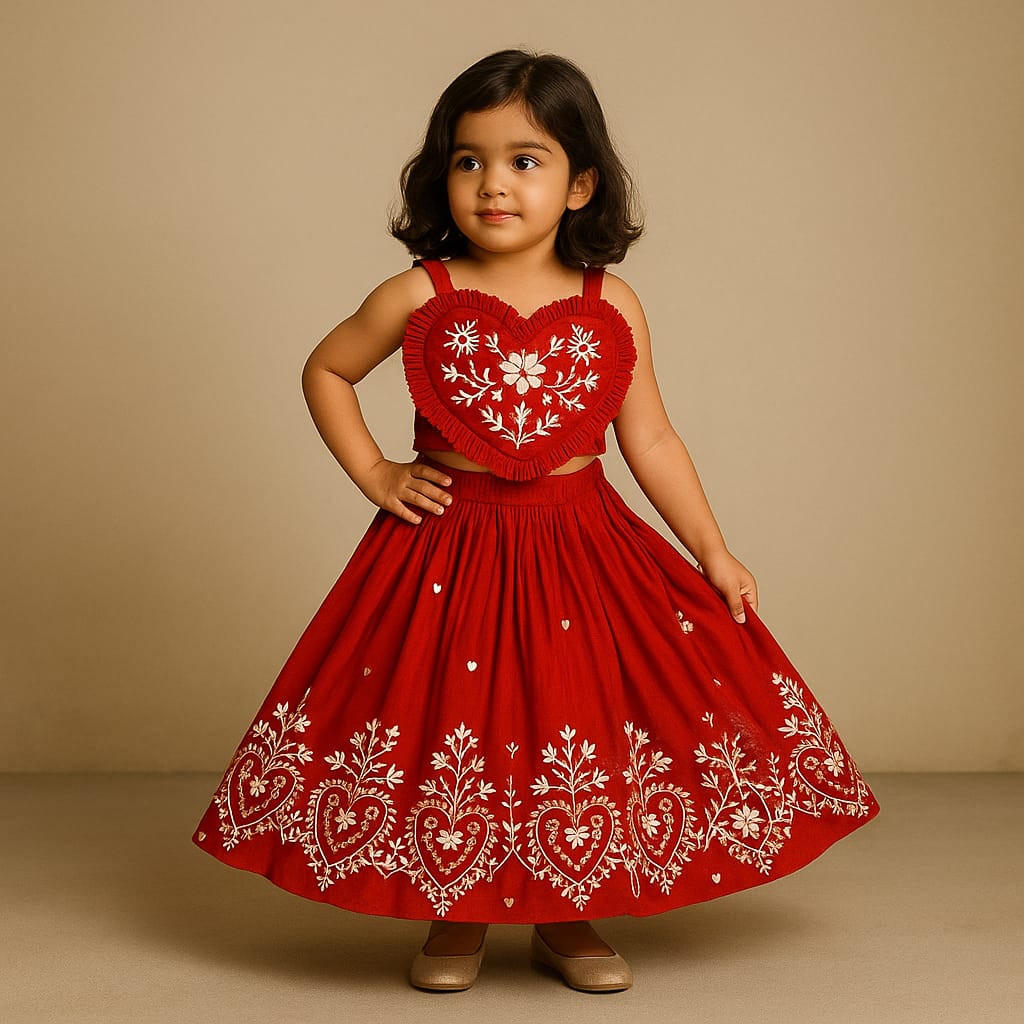 Pre Order: Red Embroidered Heart Shaped Stylish Top And Lehenga
