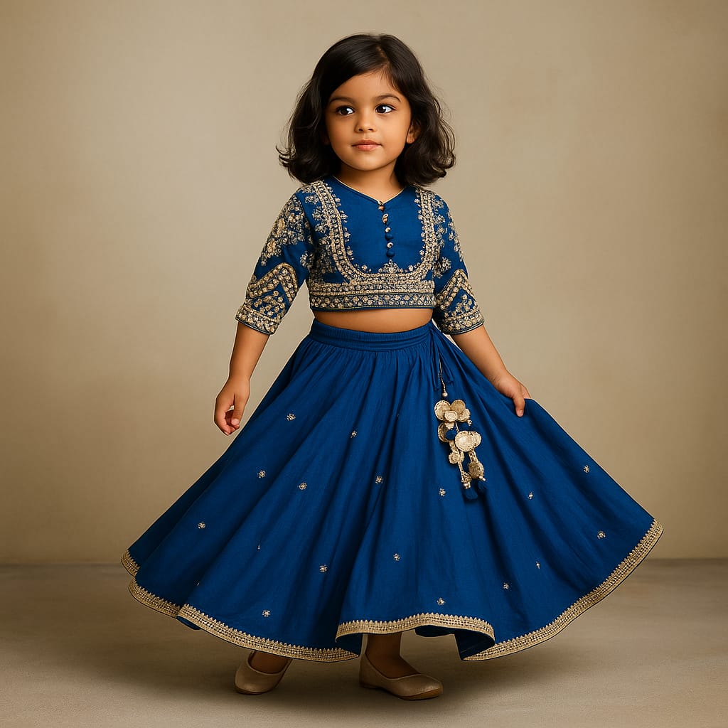 Pre Order: Blue Embroidered Top And Lehenga