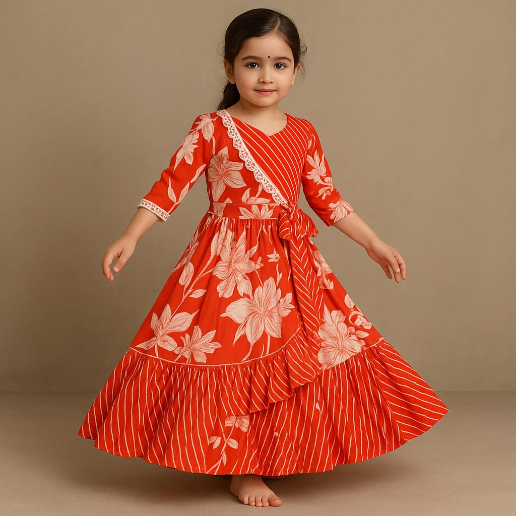 Pre Order: Printed Embellished Top With One Side Flap And Flared Lehenga