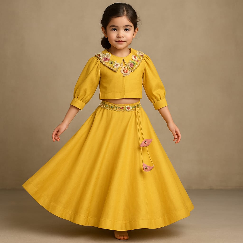 Pre Order: Yellow Embroidered Top And Lehenga