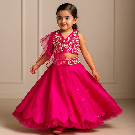 Pre Order: Halter Neck Floral Embroidered Top And Scalloped Hem Lehenga With Flat Back Pearls Enhanced Ruffle Dupatta
