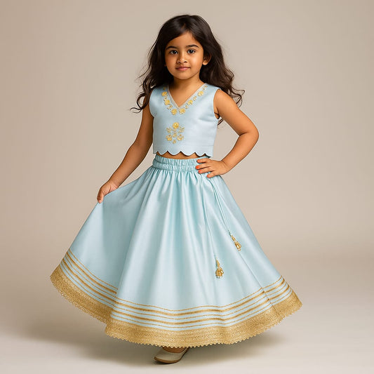 Pre Order: Blue Embroidered Top And Lehenga