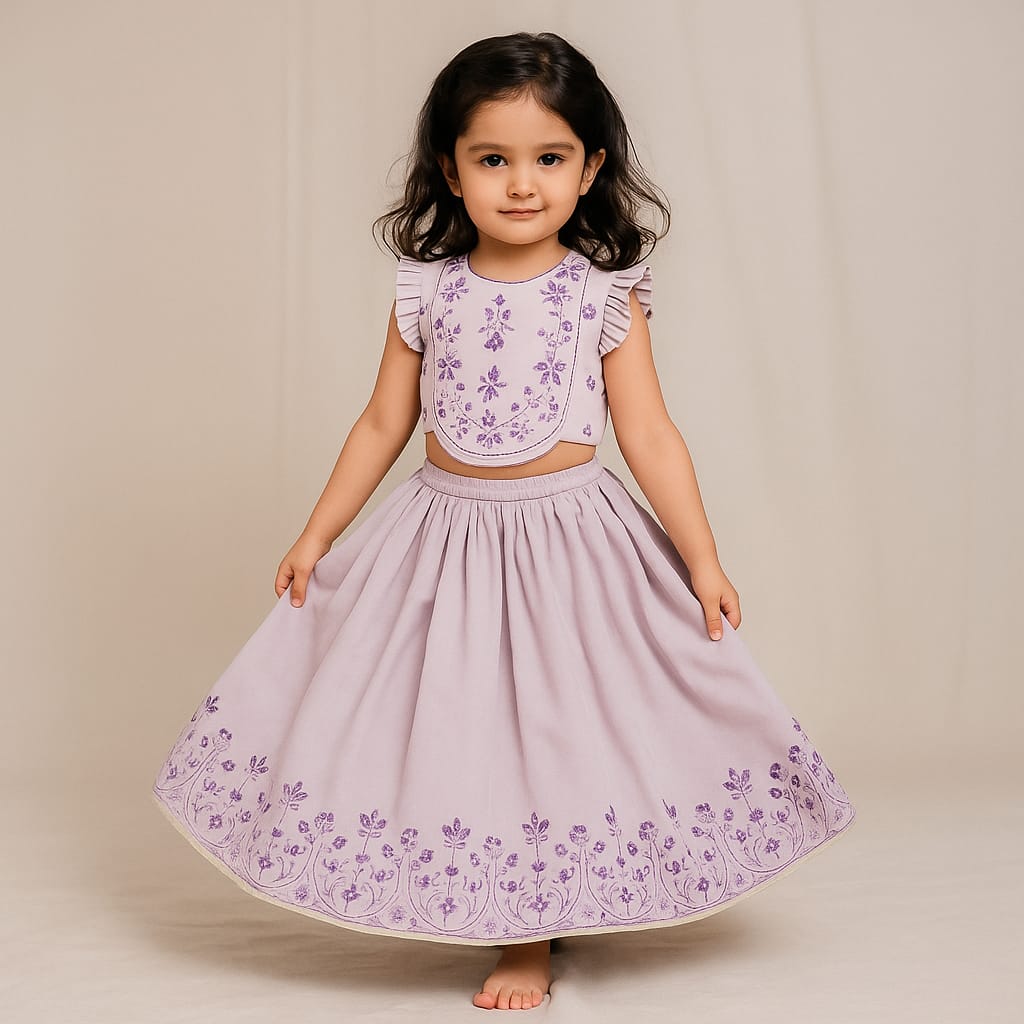 Pre Order: Lilac Embroidered And Mirror Work Top And Lehenga