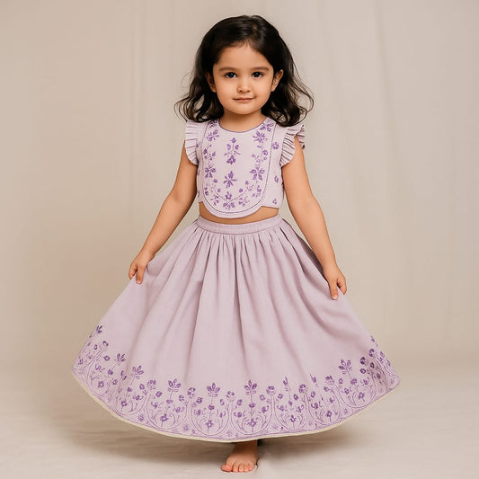 Pre Order: Lilac Embroidered And Mirror Work Top And Lehenga