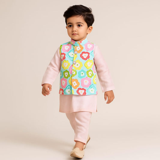 Pre Order: Ethnic Kurta With Vibrant Flowers Printed Jacket And Pyjama