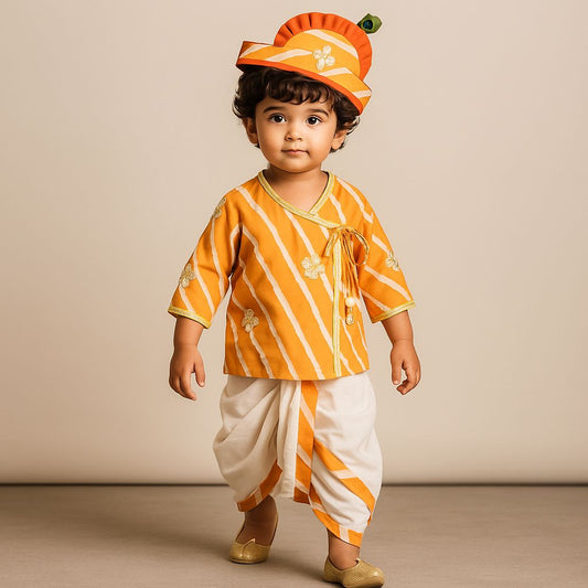 Janmashtami Special Pre Order : Leheriya Printed Angarkha Style Orange Kurta And Dhoti