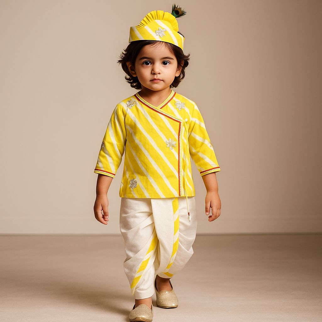 Janmashtami Special Pre Order : Leheriya Printed Angarkha Style Kurta And Dhoti