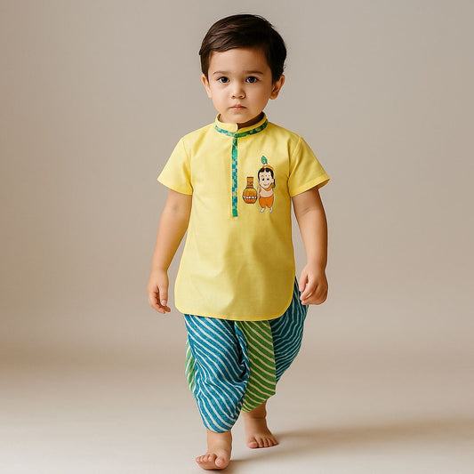 Janmashtami Special Pre Order : Krishna Embroidered Kurta And Leheriya Printed Dhoti