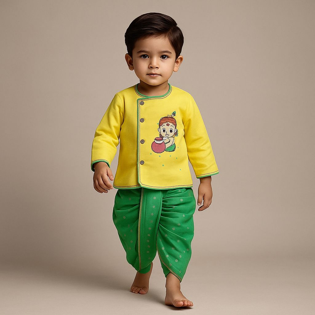 Janmashtami Special Pre Order : Cute Krishna Embroidered Yellow Kurta And Butti Dhoti