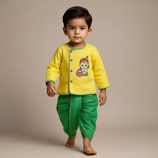 Janmashtami Special Pre Order : Cute Krishna Embroidered Yellow Kurta And Butti Dhoti