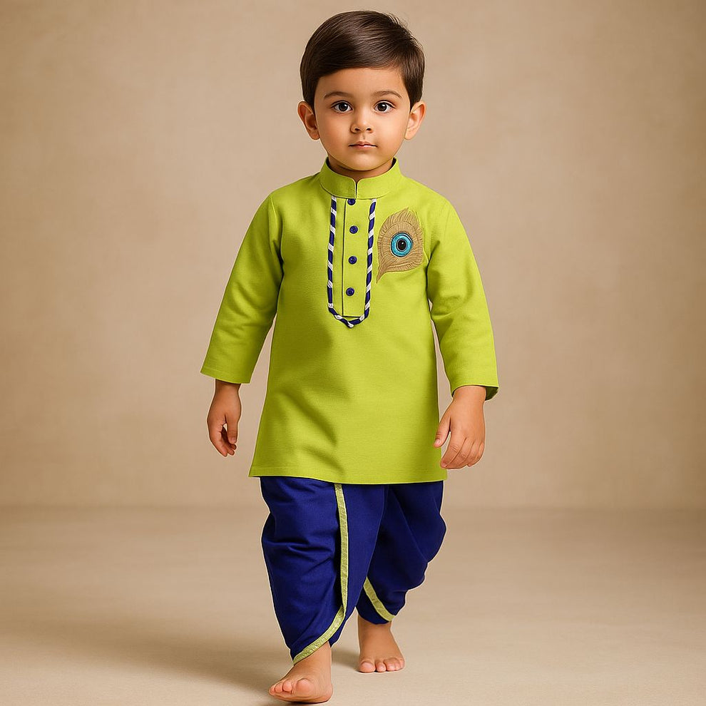 Pre Order: Janmashtami Special:Parrot Green Gota Lace Detailed Kurta With Dhoti