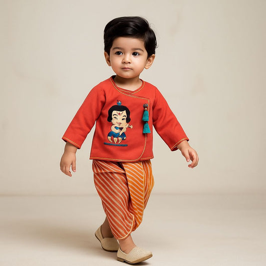 Janmashtami Special Pre Order : Krishna Hand Embroidered Front Open Kurta And Dual Tone Leheriya Dhoti