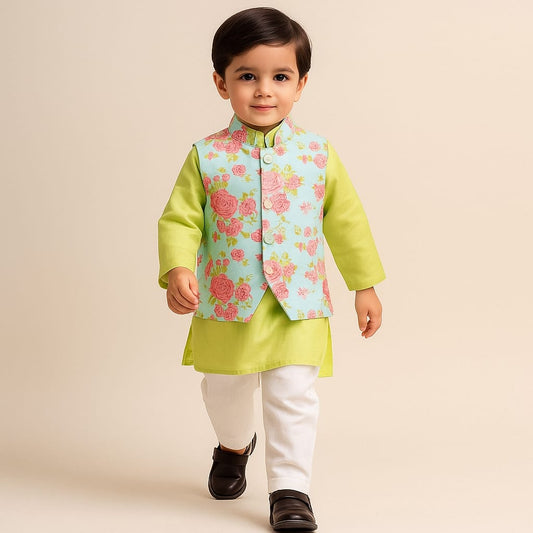 Pre Order: Green Pin Tuck Ethnic Kurta With Floral Jacket And Pyjama