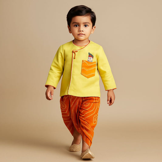 Janmashtami Special Pre Order :Krishna Embroidered Angarkha Style Kurta And Bandhani Printed Dhoti