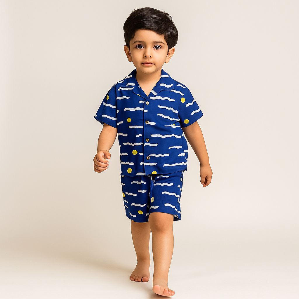 Pre Order: Blue Printed Notch Collar Shirt And Dual Pockets Detail Shorts